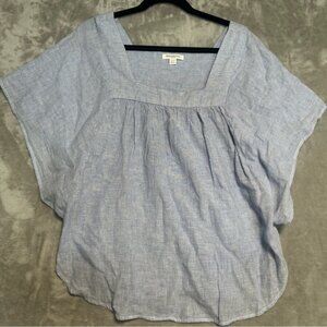 Beach Lunch Lounge Square Neck Linen Cotton Blouse Top Women’s Large Blue Stripe